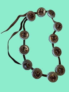 Bottle Cap Headband for hat With Luckenbach Pilsner Caps On Brown Leather